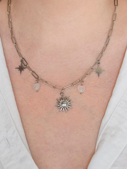 Collier Valentine – Quartz rose et acier inoxydable