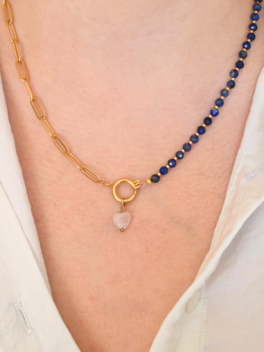 Léonie : Collier en acier inoxydable, Lapis-Lazuli et Quartz Rose – Sérénité et Féminité