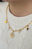 Collier Valentine en acier inoxydable doré, quartz rose avec pendentifs soleil et étoiles